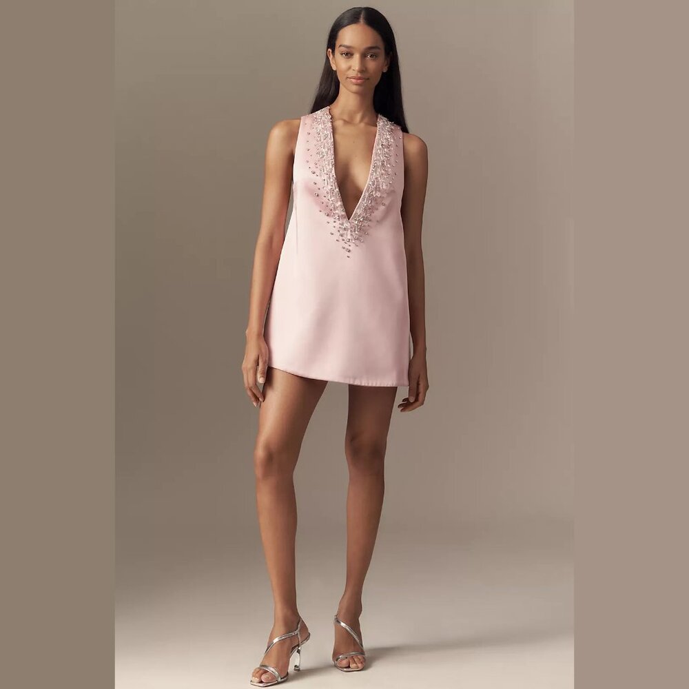 NEW Retrofete - Size L, Maisy Embellished Plunge Mini Dress - Pink